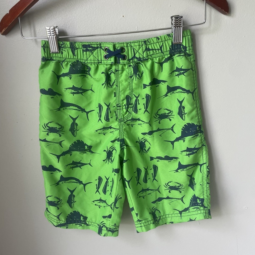 Bass Pro Shop Boys‎ Swim Trucks Size 6-7 Green And Navy Sea Animals